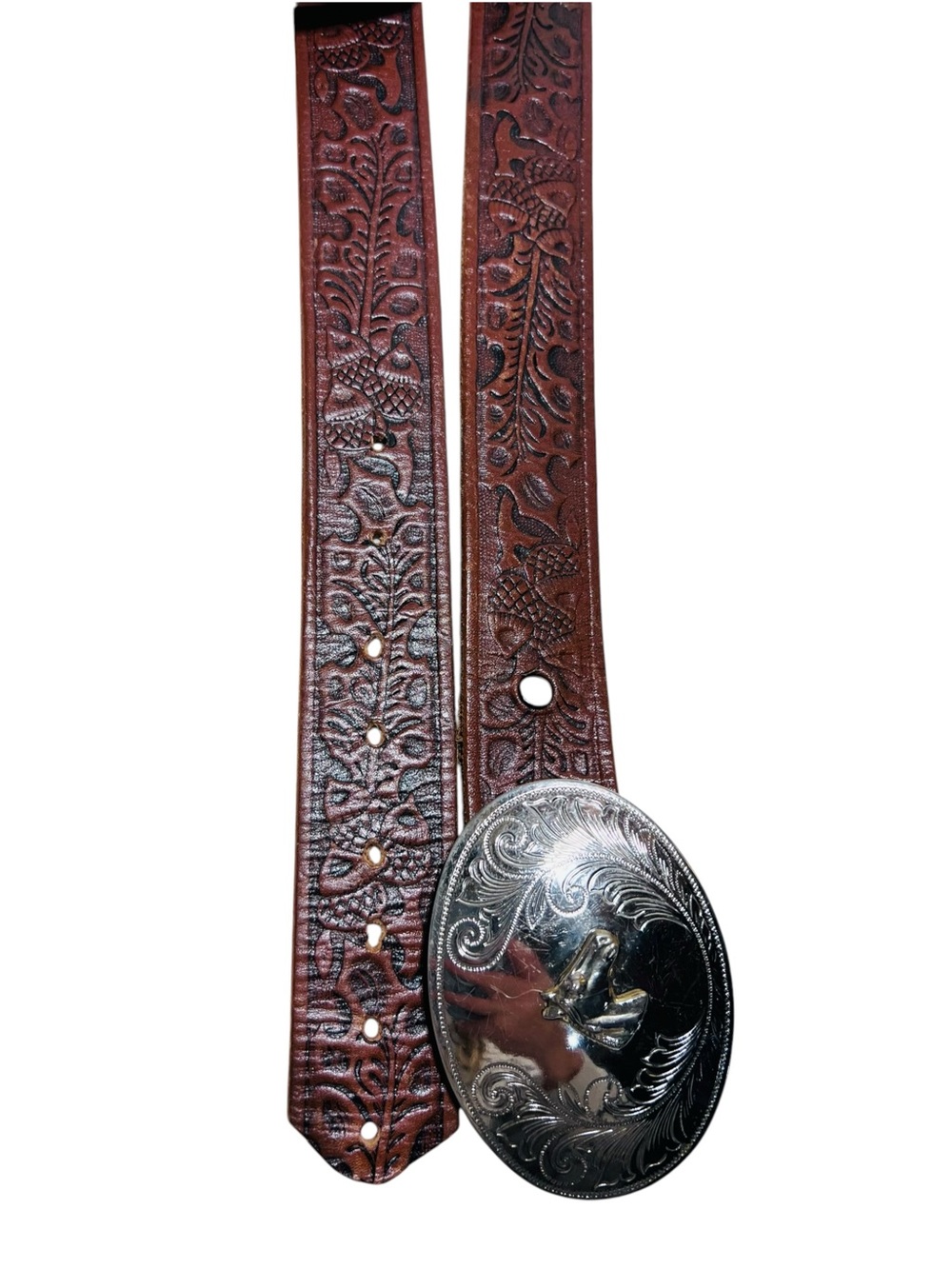 Classic Brown Tooled Leather Belt with Silver Oval Concho Buckle